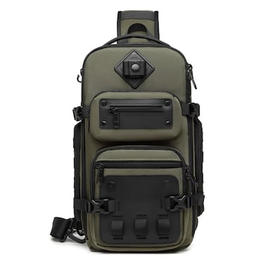 Waterproof Tactical Crossbody Sling Shoulder Bag With Tripod Holder, 13L Compact EDC Multi-Compartment Travel Work Photography Bag, Army Green, 9585