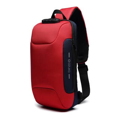 Anti-Theft Sling Crossbody Shoulder Backpack for Men With USB Port and Reflective Details, Everyday Carry Bag, Medium, Red, 9223