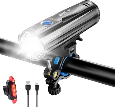 Wuben Bike Light Set USB Rechargeable with B2 Tail Light, 1300 High Lumen LED Bike Light TYPE-C Rechargeable, 6 Modes &amp; IP68 Waterproof Bike HeadlightOutdoor for Outdoor, Night Riding, Mountain Bike
