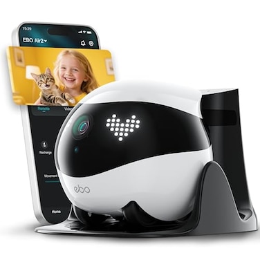 Enabot EBO Air 2 FamilyBot Indoor Security Camera Robot: 2K Pet Camera, Movable Home Robot, Custom Facial Expression, Auto-Recharge, Battery-Operated, 2-Way Talk, Night Vision(Dove White)