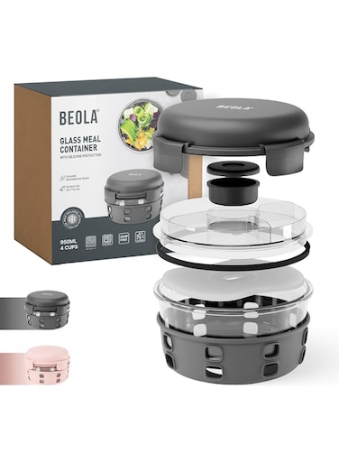 BEOLA Lunch Box, Food Container with Ice Pack, Sauce Cup, Borosilicate BPA Free Glass Salad Bowl with Silicone Protection, Freezer, Dishwasher, Microwave Safe, Glass, 950ml (Lava Gray)