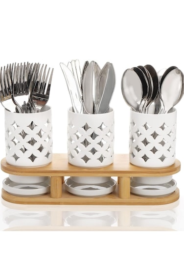 3 Pieces Ceramic Silverware Holder With Bamboo Base, Cutlery Storage Organizer for Forks, Spoons and Knives, Utensil With Drain Holes for Kitchen, Cabinet Or Pantry