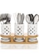 3 Pieces Ceramic Silverware Holder With Bamboo Base, Cutlery Storage Organizer for Forks, Spoons and Knives, Utensil With Drain Holes for Kitchen, Cabinet Or Pantry
