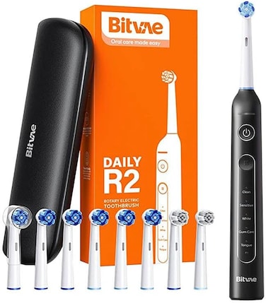 Bitvae R2 Rotating Electric Toothbrush for Adults 8 Brush Heads 5 Cleaning Modes Rechargeable Power Toothbrush with Pressure Sensor Travel Case (Black)
