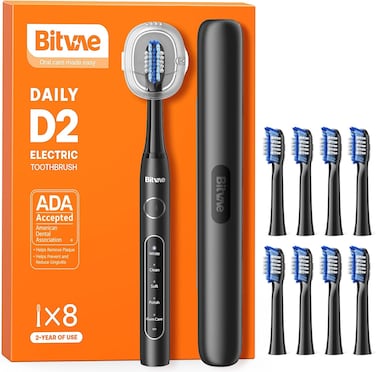 Bitvae Electric Toothbrush for Adults - Ultrasonic Electric Toothbrushes with 8 Brush Heads, ADA Accepted Power Rechargeable Toothbrush with 5 Modes, Smart Timer, Black D2
