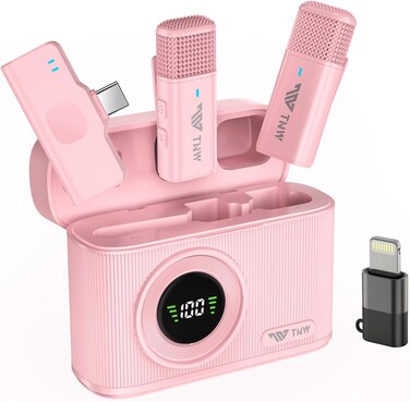 TNW Wireless Lavalier Microphone for iPhone &amp; Android &ndash; Dual Lapel Mic with 70M Range, 45H Battery, Built-in Wind Filter, ANC Noise Cancellation, Ideal for Interviews, Vlogs, Live Streaming (Pink)
