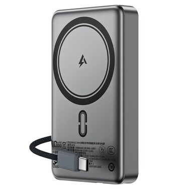 ACEFAST PD20W/22.5W Magnetic Fast Charging Power Bank with Built-In Cable 10000mAh &ndash; Portable High-Capacity Battery Pack, Ultra-Slim Black Design, Compatible with iPhone, Android &amp; USB-C Devices