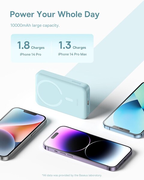 Baseus 10000mAh Magnetic Mini Power Bank, 30W PD Fast Charger with MagSafe Wireless and USB-C Cable for iPhone 16/15/14/13/12, iPads, Galaxy, Dual Device Charging, Compact Portable Charger (Blue)
