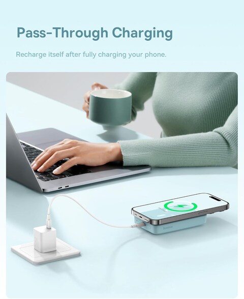 Baseus 10000mAh Magnetic Mini Power Bank, 30W PD Fast Charger with MagSafe Wireless and USB-C Cable for iPhone 16/15/14/13/12, iPads, Galaxy, Dual Device Charging, Compact Portable Charger (Blue)
