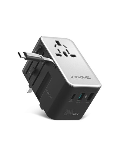 RAVPOWER&nbsp;70W 4-Port Travel Adapter with Built-in USB-C Cable, GaN 5.0 Universal Adapter, International Wall Charger with AC Outlet, 2 USB-A, USB-C