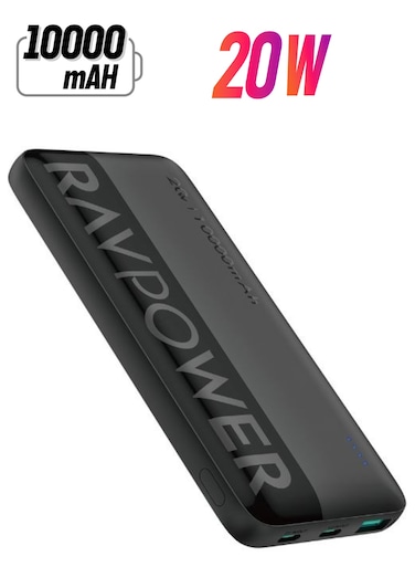 RAVPOWER&nbsp;10000 mAh PD 20W 3-Port Power Bank, Fast Charging PD/QC, Charge 3 Devices Simultaneously, Universal Compatibility for iPhone 15/16 &amp; More, Dual USB-C + USB-A, iSmart Technology Black