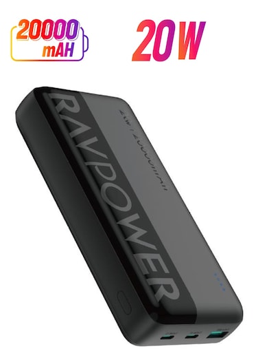 RAVPOWER&nbsp;20000 mAh PD 20W 3-Port Power Bank, Fast Charging PD/QC, Charge 3 Devices Simultaneously, Universal Compatibility for iPhone 15/16 &amp; More, Dual USB-C + USB-A, iSmart Technology Black