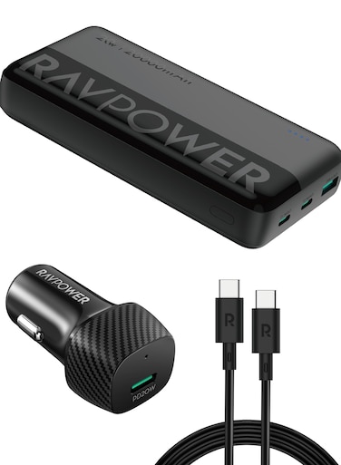 RAVPOWER 20000 mAh Combo for Power Bank PB1229 + Wall charger VC1017 + Car C to C CB1021 - Black