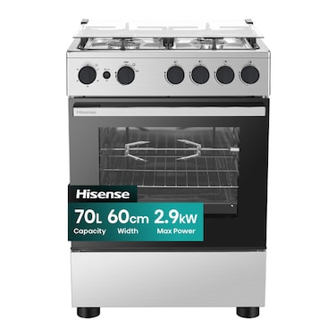 Hisense 60cm Freestanding full Gas Cooker, 70 Liters oven,  Cast-Iron Support, Gas oven with Grill, Rotisserie, Full Safety with FFD, Mechanical Timer, Ergonomic knobs and handle, Removable full glass door,Auto Ignition, Enamel Interior - HFG60422RX02 Grey