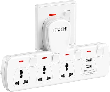 LENCENT Multi Plug Extension Socket with USB, 3 Way Electrical Outlet Extender with 2 USB, Wall Charger, Universal Plug Adapter, Charging Station for Home, Office, Kitchen, Individually Switched

