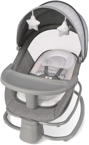 Mastela 4-in-1 Baby Rocking Chair w Bluetooth Music, Mosquito Net &amp; Sunshade Adjustable Backrest, USB MP3 &amp; APP Control 5-Point Harness, Tray, Foldable Swing for Infants up to 18KG