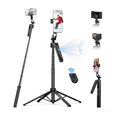 Telesin P3-MS-03 حامل ثلاثي بتتبع تلقائي للهواتف مع تتبع وجه بالذكاء الاصطناعي 360°، جهاز تحكم بلوتوث، ارتفاع قابل للتعديل 1.6م، متوافق مع الهواتف وGoPro والكاميرات بدون مرآة للبث والتصوير