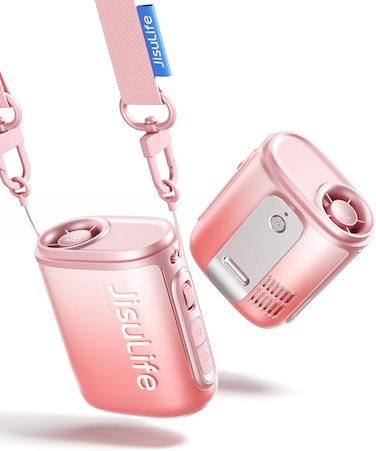 JISULIFE Portable Necklace Fan with 100 Speeds, 40000RPM, Digital Display, 4500mAh Personal Waist Fan for 16H Cooling, Clip-On Wearable Design for Outdoor Travel, Fashionable Gift for Women(Pink)