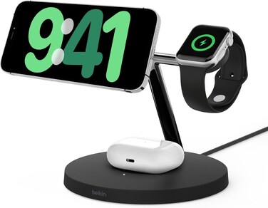 Belkin BoostCharge Pro 3-in-1 Wireless Charger with Qi2 for iPhone 16, 15, 14, 13 and 12 + Apple Watch + AirPods