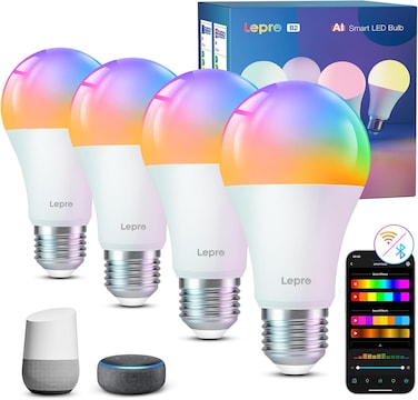 Lepro B2 AI Smart Bulb E27, 1100LM 10W (Replace 75W), Music Sync Smart Screw Bulb, Voice Control, AI Lighting Design Assistant,Bluetooth &amp; WiFi Bulb,Work with Alexa &amp; Google Assistant,4 Packs
