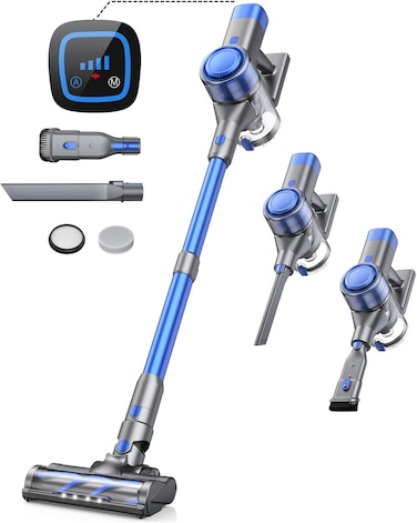 BuTure VC 50 Blue Cordless Vacuum Cleaner, 55 Min Battery, Touch Screen, Wall Mount Charger, Removable Battery, Anti-Tangle, works with Carpets, Hard Floors, Pet Hair and More