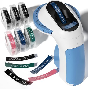Memoking Embossing Label Maker with 6 Rolls of 3/8" (9mm) Emboss Tapes-E975 3D Embossed Label Maker Machine, Handheld Label Embossing Machine, Vintage Label Maker for Home, Office and DIY (Blue)
