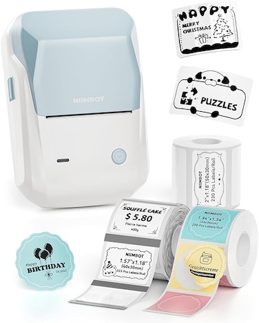 NIIMBOT B1 Label Maker Machine with 3 Tapes, 50x30mm White/40x30mm Clear/34x34mm Round, Bluetooth Thermal Label Printer for Small Business,Office,Home,School (Light Blue, 1 Printer+3 Roll Label)