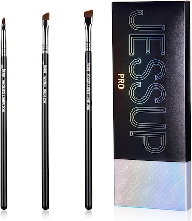 Jessup Angled Eyeliner Brush Set, 3pcs Pro Precision Eye Liner Fine Winged Ultra Thin Slanted Gel Liquid EyeLiner Makeup Brushes Black T345