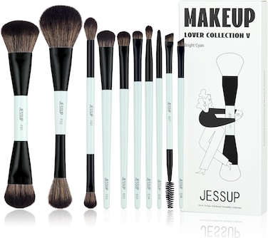 Jessup Makeup Brushes Set 10pcs, Double Sided Foundation Contour Blush Highlight Blending Eyebrow Brush Eyeshadow Eyeliner Concealer Brush, Bright Cyan Cruelty Free Cosmetic Tools T500
