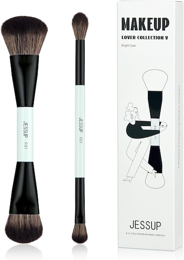 Jessup Makeup Brushes 2pcs Double Sided Foundation Brush Contour Brush Dual Ended Eye Blending Brush, Multi-functional Cosmetic Brush Bright Cyan T502
