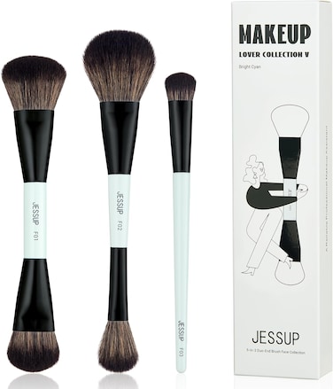 Jessup Face Makeup Brushes 3pcs Double Ended Makeup Brush Set for Foundation Contour Blush Highlight and Concealer Brush, Premium Vegan Brush Set Bright Cyan T503