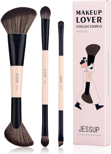 Jessup Travel Makeup Brushes Set 6-in-3 Double Sided Contour Brush Dual Ended Eyeshadow Brush Shader Eyeliner Brush, Multi-functional Brush Set Make up Peach Dust T507