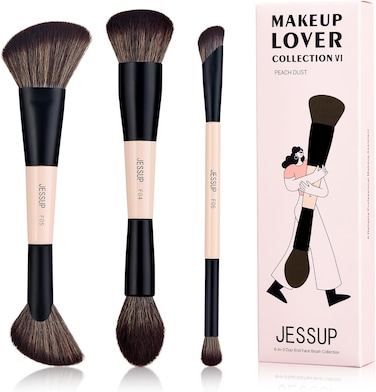 Jessup Face Makeup Brushes 6-in-3 Double Ended Makeup Brush Set for Foundation Contour Blush Highlight and Powder, Premium Synthetic Makeup Brushes Peach Dust T508