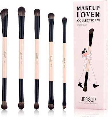 Jessup Makeup Brushes 10-in-5 Double Ended Eyeshadow Brush Contour Brush Blending Brush Eyeliner Brush Shader Brush, Vegan Fiber Precision Eye Brush Set Peach Dust T509