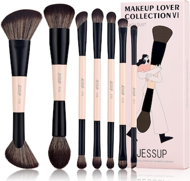 Jessup Makeup Brushes Set 14-in-7 Double Sided Makeup Brushes for Foundation Concealer Blush Eyeshadow Contour Bronzer Powder Blending Eyebrow Eyeliner, Cruelty-Free Make up Brushes Peach Dust T600
