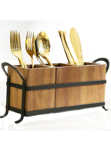 NelyBet Utensil Caddy Silverware Cutlery Holder with 3 Compartment, Wooden Utensil Crock Flatware Organizers with Metal Tray, Rustic Kitchen Utensil Organizers Storage Box usded for Farmhouse