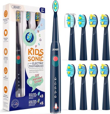 SEAGO Kids Electric Toothbrush, Rechargeable Sonic Soft Bristle Toothbrushes with 8 Brush Heads, DIY Stickers and 5 Modes, Ideal for Kids and Children, Ages 3&ndash;12(Navy)
