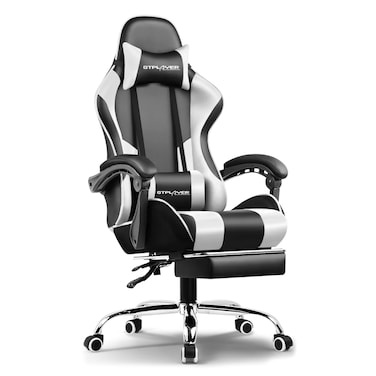 GTPLAYER #1 USA Gaming Chair, Ergonomic High Back Reclining &amp; Height Adjustable PU Leather Computer Chairs with Massage Cushion, Adjustable Neck &amp; Lumbar Support, Armrests, Footrest (White)