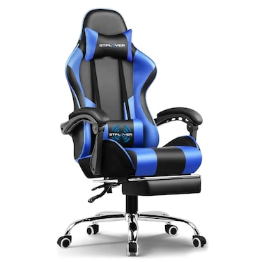 GTPLAYER #1 USA Gaming Chair, Ergonomic High Back Reclining &amp; Height Adjustable PU Leather Computer Chairs with Massage Cushion, Adjustable Neck &amp; Lumbar Support, Armrests, Footrest (Blue)