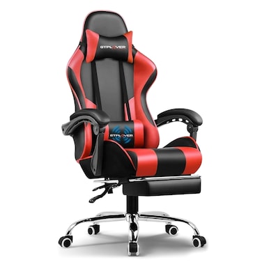 GTPLAYER #1 USA Gaming Chair, Ergonomic High Back Reclining &amp; Height Adjustable PU Leather Computer Chairs with Massage Cushion, Adjustable Neck &amp; Lumbar Support, Armrests, Footrest (Red)