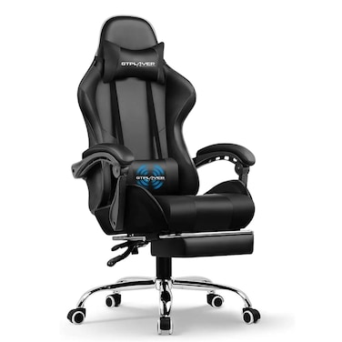 GTPLAYER #1 USA Gaming Chair, Ergonomic High Back Reclining &amp; Height Adjustable PU Leather Computer Chairs with Massage Cushion, Adjustable Neck &amp; Lumbar Support, Armrests, Footrest (Black)