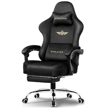 GTPLAYER "Silken Gaming Chair, Ergonomic High Back Reclining &amp; Height Adjustable Velvet Breathable Fabric Chair with Pocket Spring Cushion, Tailored Back Support, Armrests, Footrest (Black)
