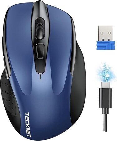 TECKNET Wireless Mouse (BT5.0/3.0 &amp; 2.4G) Rechargeable 4800 DPI Silent USB A &amp; Bluetooth Mouse 6 Buttons, Wide Compatibility - Blue