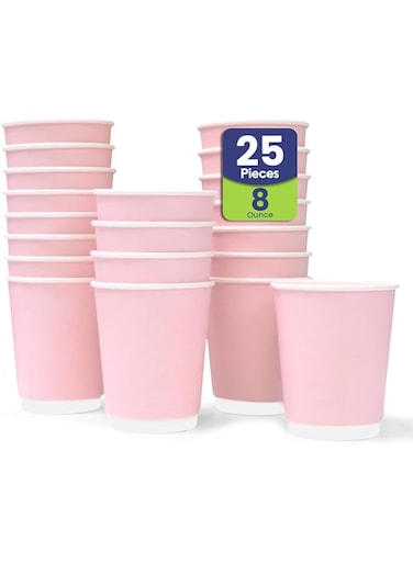 SNH Packing 8 oz 25 Pcs Disposable Double Wall Paper Coffee Cups Pink Paper Cups for Hot and Cold Beverage Water Juice Coffee Tea Party Wedding Bride Shower Supplies