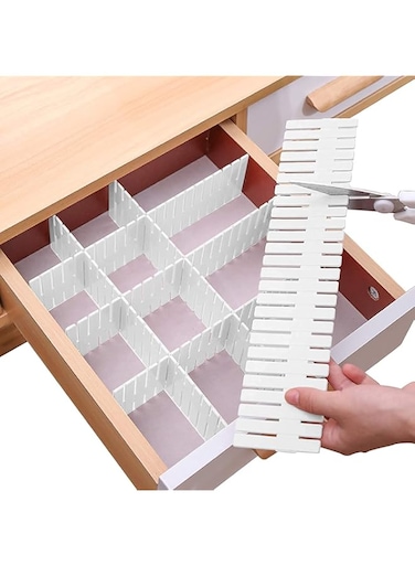 Kitchenwell 8 Pcs Adjustable Stretchable Interlocking Drawer Clapboard Divider/Grid Closet Sorting Partition/Plastic Strips Separators Cabinet Storage Box Socks/Makeup,1 Set of 8 Pcs(White)