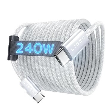 Lisen 240 Watts USB-C to USB-C Turbo Charging Cable with 2 Meter Length, 5000+ Flex Test, 48-Stand Braided - White