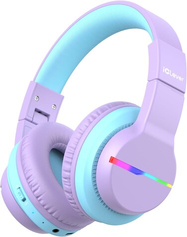 iClever Bluetooth Kids Headphones, BTH12 Colorful LED Lights Kids Wireless Headphones Over Ear with 74/85/94dB Volume Limited, 85H Playtime, Bluetooth 5.2, Built-in Mic for School/Tablet/PC
