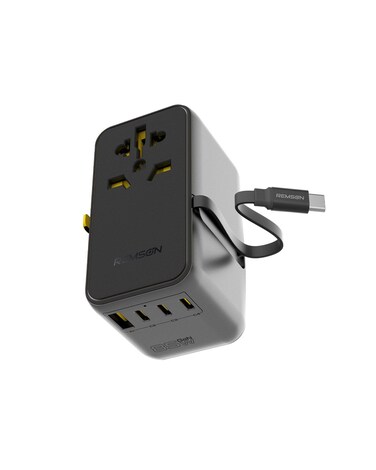 Remson Omni Plug 85W GaN Adapter Power Delivery with Built-in Retractable USB-C Cable for Rapid Charging / 3 USB-C Ports/ 1 USB-A Port and 1 2500W AC Socket