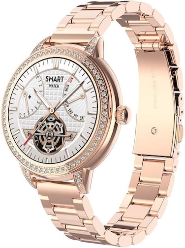 Moxedo Zenith Smartwatch for Women 1.1" HD Round Display, Steel Strap, Diamonds bezel - Bluetooth Calling, Notification, Fitness Monitor, IP67 Waterproof, For Android/iOS - Gold