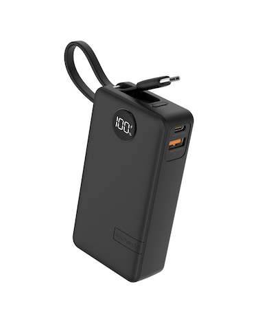 Moxedo Porta-Go+ Power Bank 10000 mAh 1 USB-C/ 1 USB-A Ports with Built-in USB-C Cable PD Fast Charging Compatible for iPhone 16/15 Series, Samsung, Huawei, Xiaomi, iPad (Black